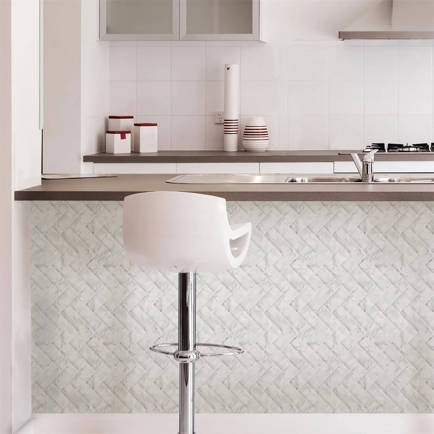 None Herringbone Carrera Peel And Stick Self Adhesive Wall Tiles - Image 4
